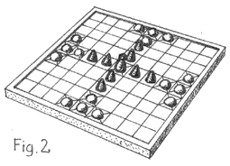 Bild av spelplanen med uppställda spelbrickor.